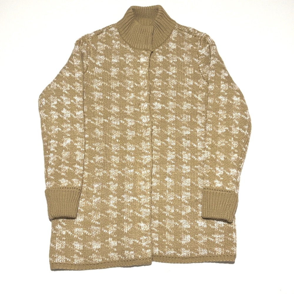 Dennis Basso Houndstooth‎ Knit Cardigan Sweater Women Size M Beige White Chunky
